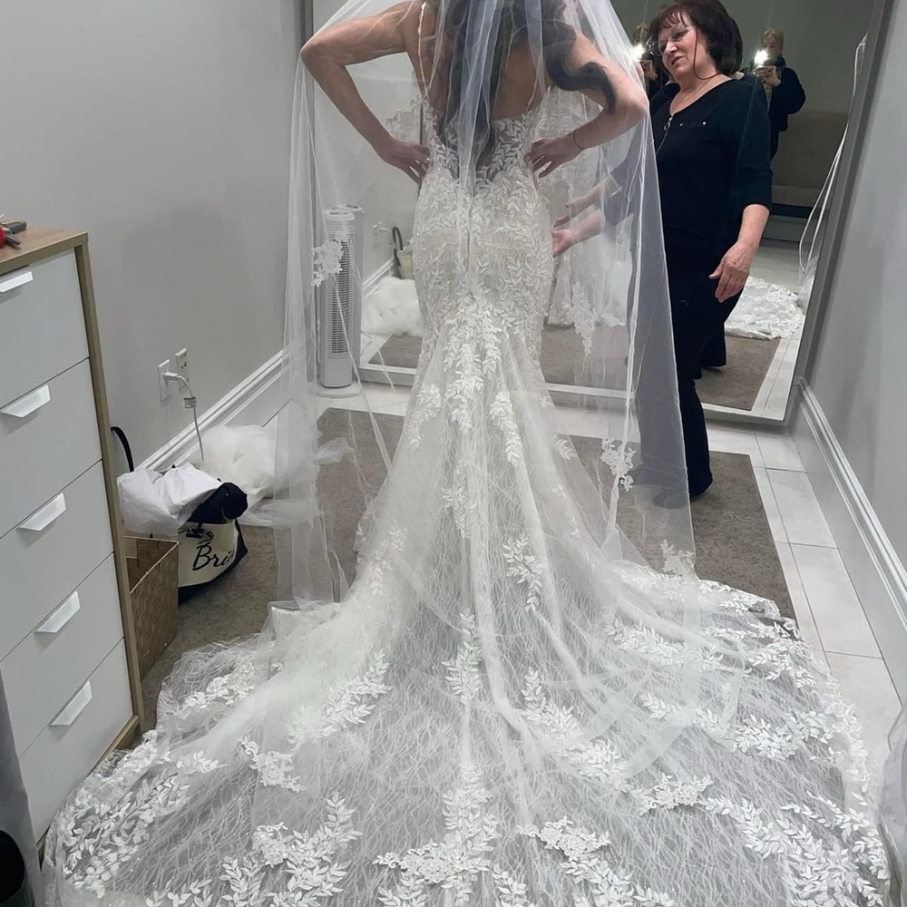 Ivory cathedral length veil with lace appliqué